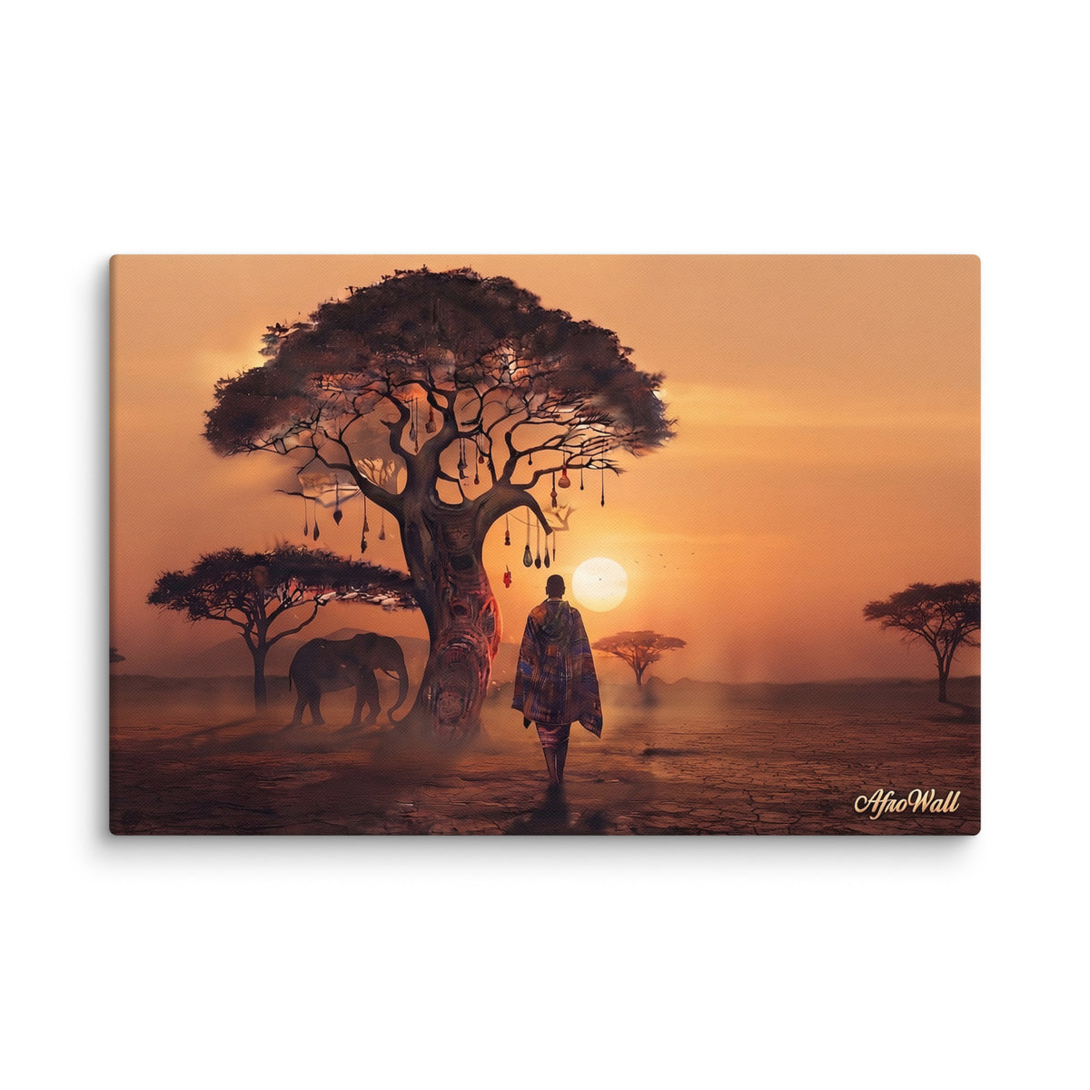 Toile Horizon Africain (voyageur et éléphant au coucher du soleil) – accrochée au mur, format 50 × 75 cm