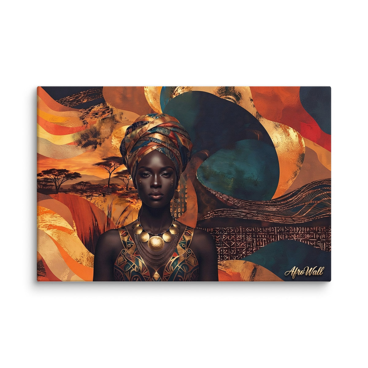 Toile Majesté (portrait de femme au foulard doré) – accrochée au mur, format 50 × 75 cm