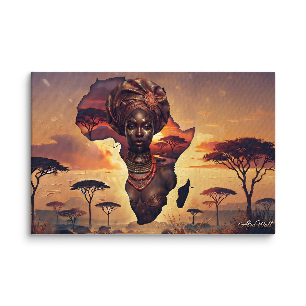 Toile Âme du Continent (femme dans la carte de l'Afrique) – accrochée au mur, format 50 × 75 cm
