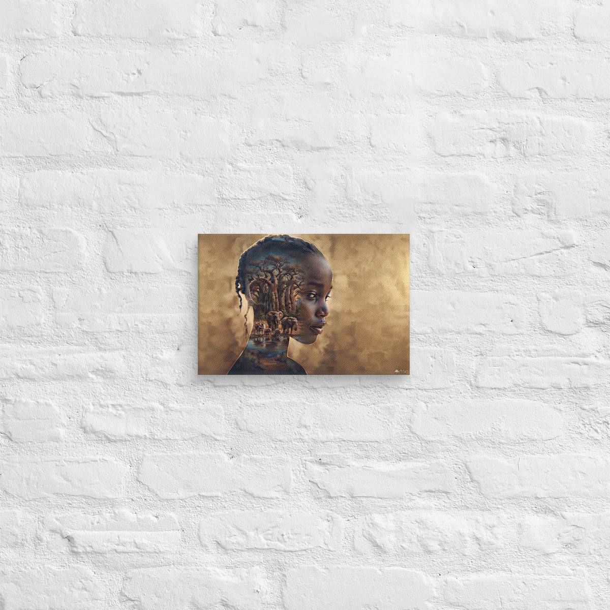 Toile Portrait Ancestral (profil de femme et savane aux baobabs) – vue de face, format 20 × 30 cm
