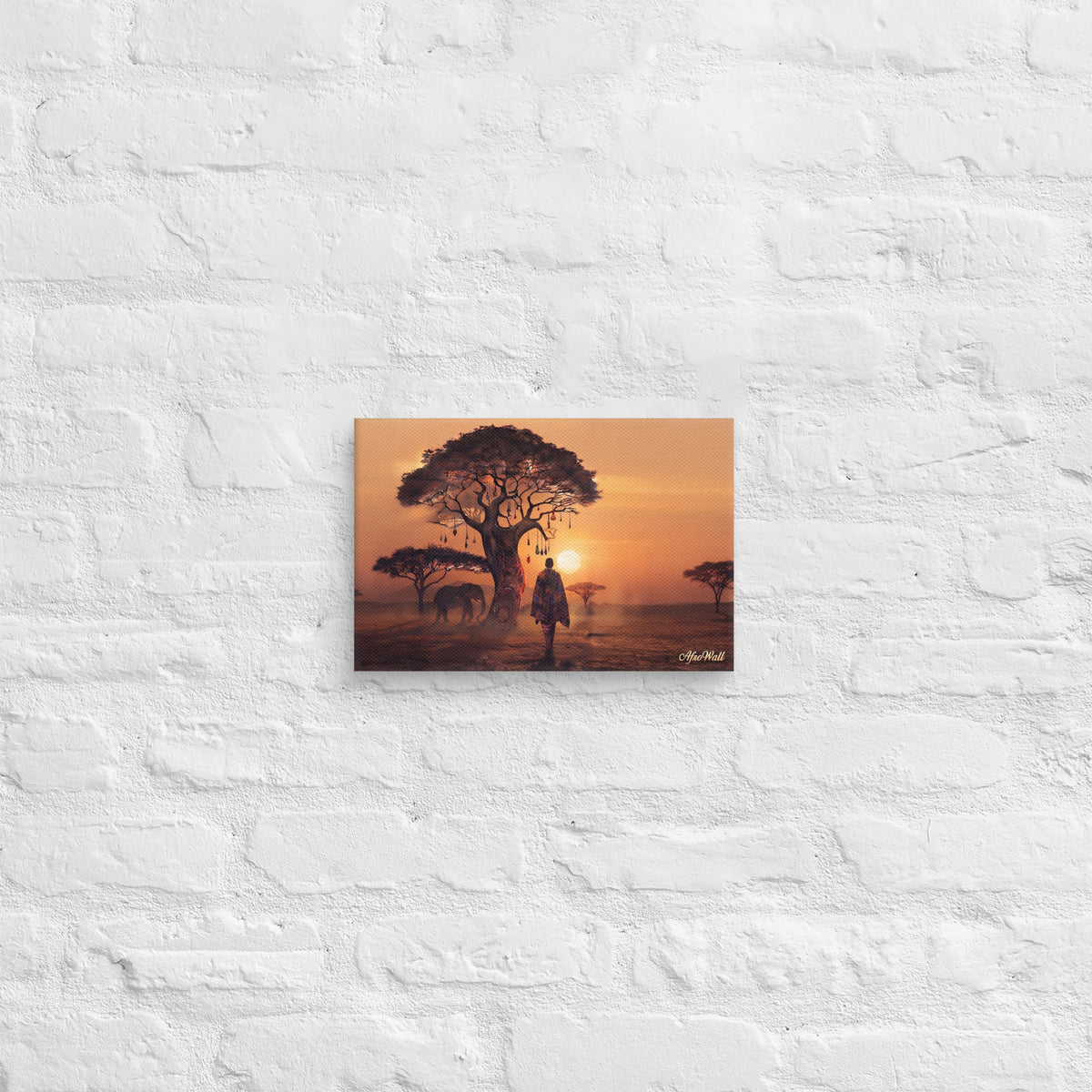 Toile Horizon Africain (voyageur et éléphant au coucher du soleil) – vue de face, format 20 × 30 cm