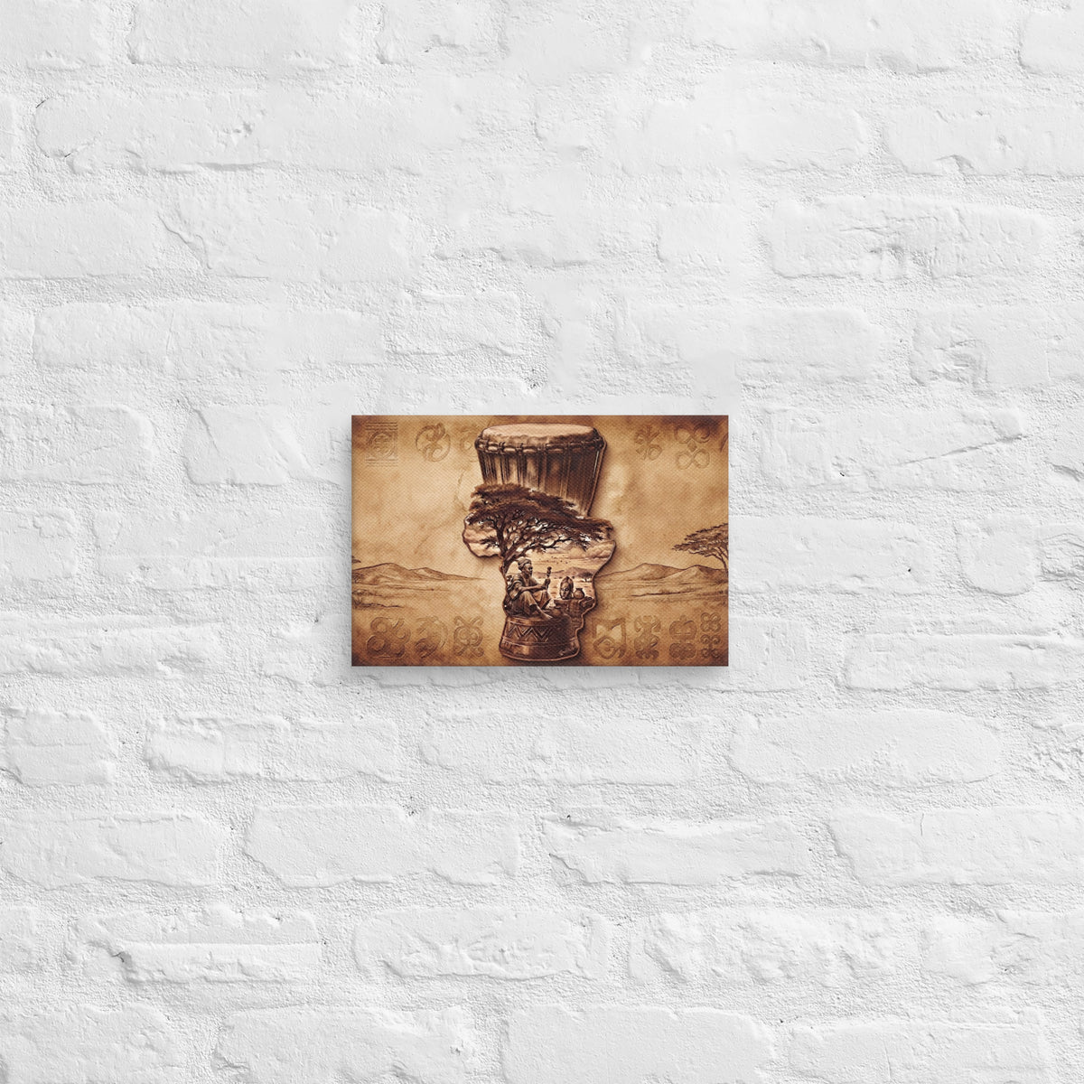 Toile Terre Mère (djembé, acacia et symboles adinkra) – vue de face, format 20 × 30 cm