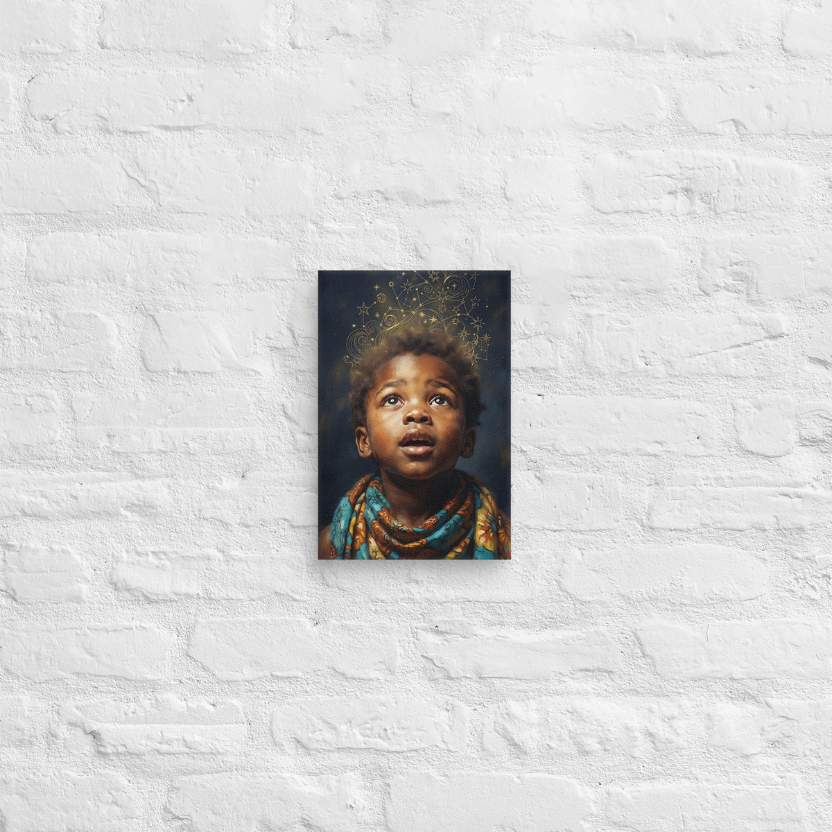 Toile Poussière d'étoiles (enfant contemplant les étoiles) – accrochée au mur, format 20 × 30 cm