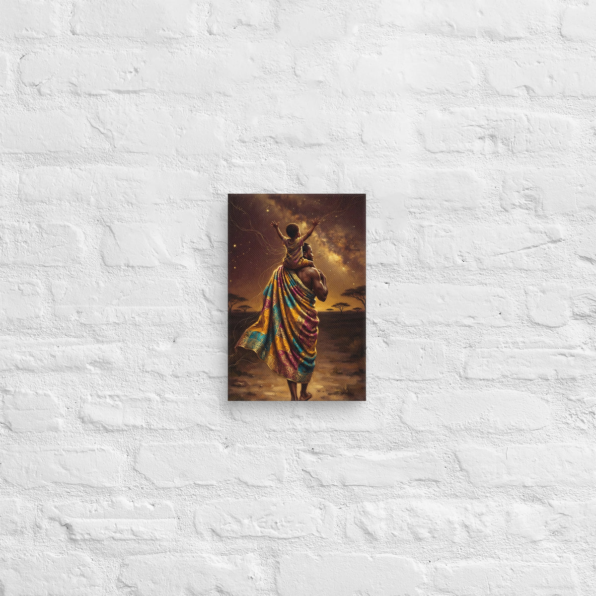 Toile L'avenir sur mes épaules (père portant son fils sous les étoiles) – accrochée au mur, format 20 × 30 cm