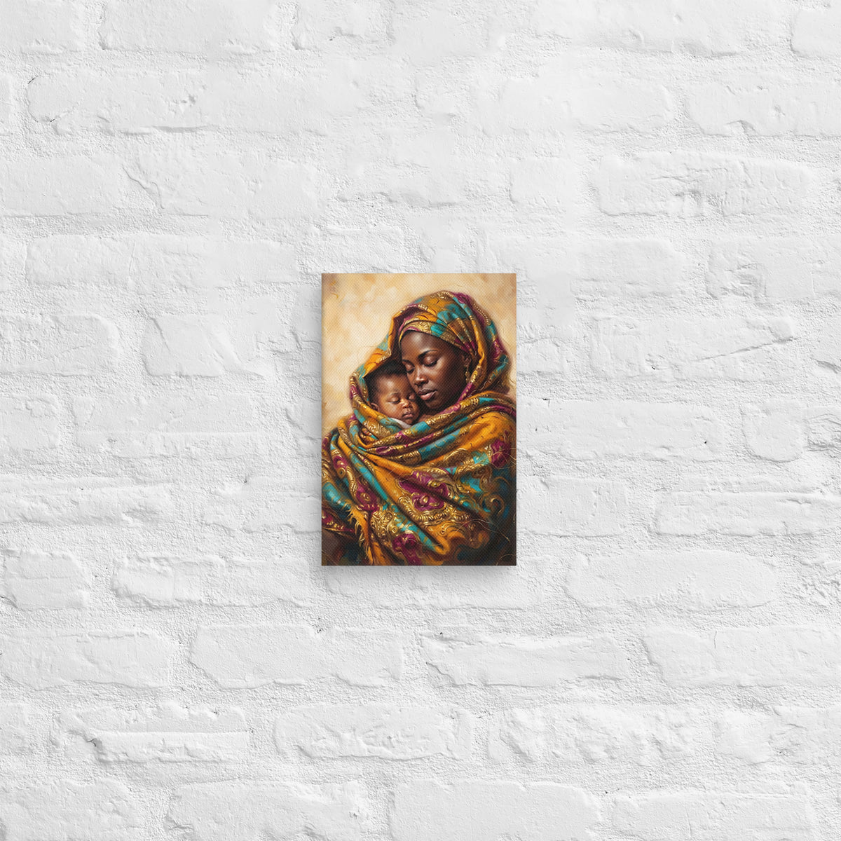 Toile Mon Refuge (mère et bébé enveloppés dans un wax) – accrochée au mur, format 20 × 30 cm