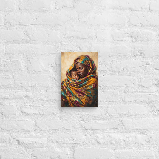 Toile Mon Refuge (mère et bébé enveloppés dans un wax) – accrochée au mur, format 20 × 30 cm