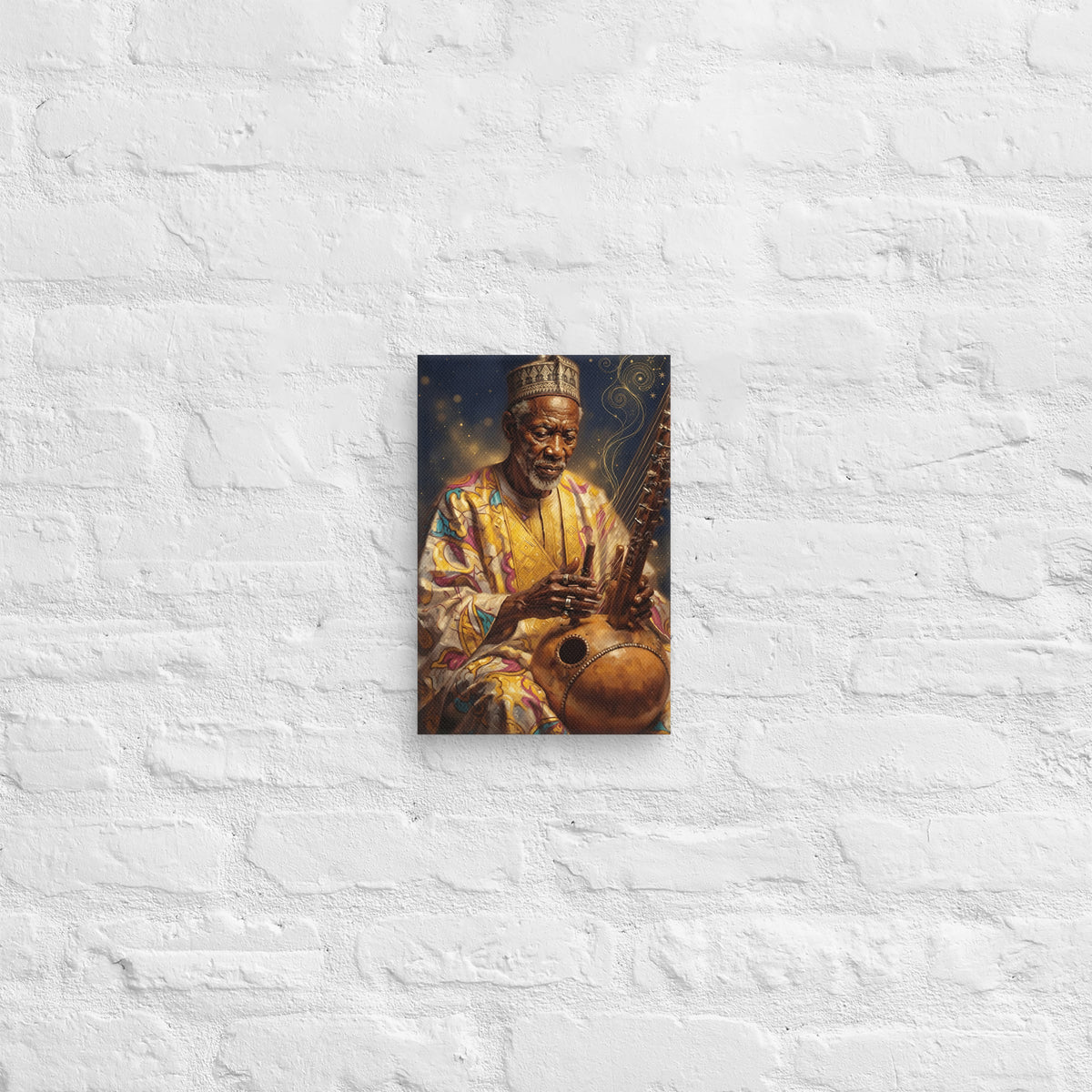 Toile Mémoire vivante (griot jouant de la kora) – accrochée au mur, format 20 × 30 cm