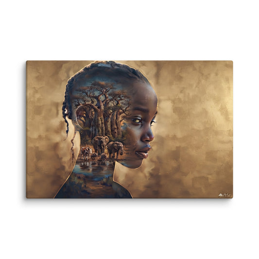 Toile Portrait Ancestral (profil de femme et savane aux baobabs) – accrochée au mur, format 20 × 30 cm
