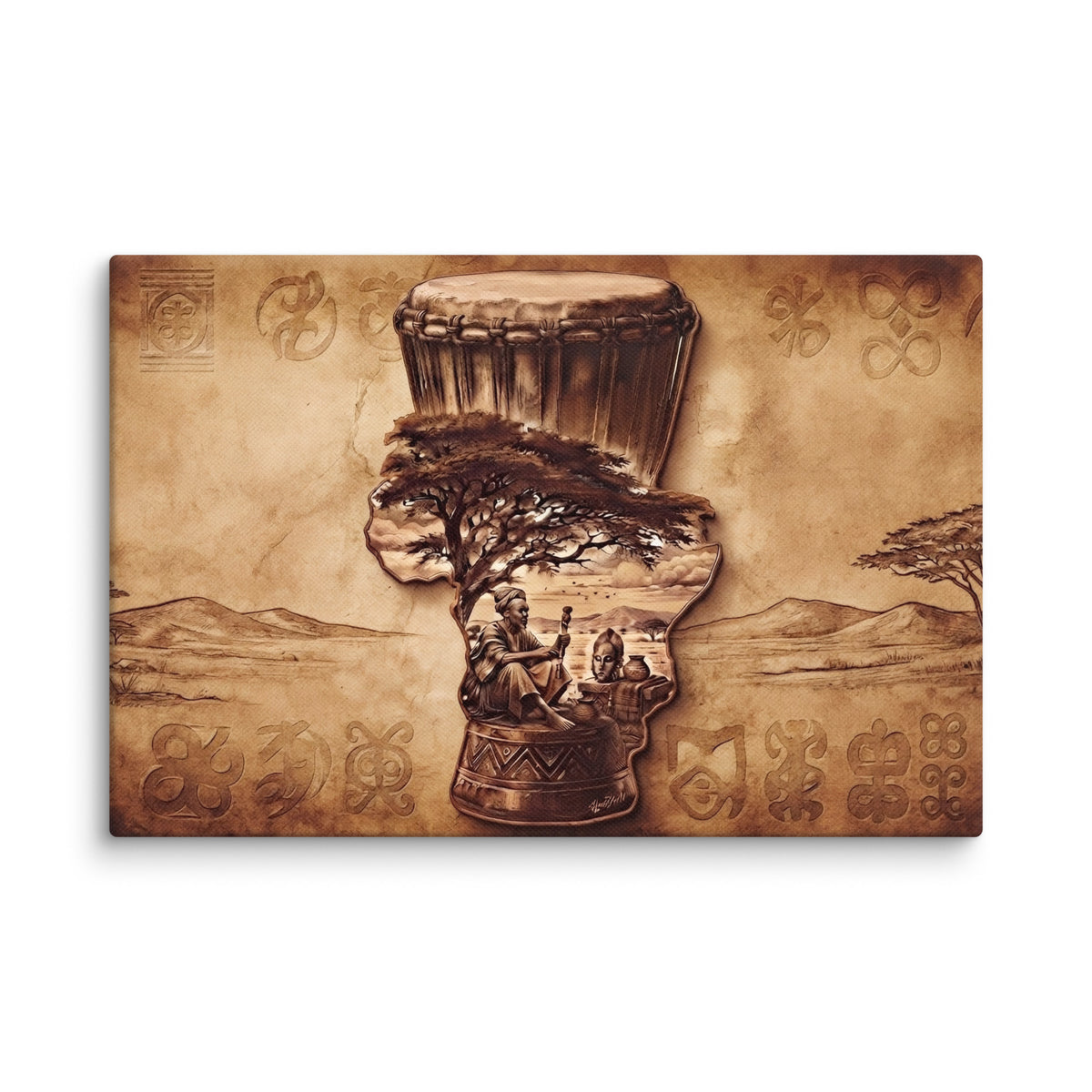 Toile Terre Mère (djembé, acacia et symboles adinkra) – accrochée au mur, format 20 × 30 cm