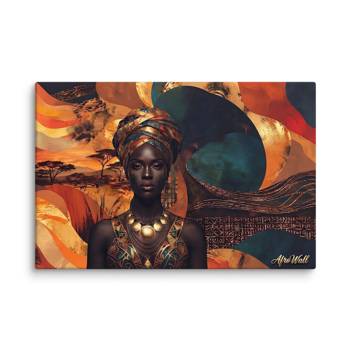 Toile Majesté (portrait de femme au foulard doré) – accrochée au mur, format 20 × 30 cm
