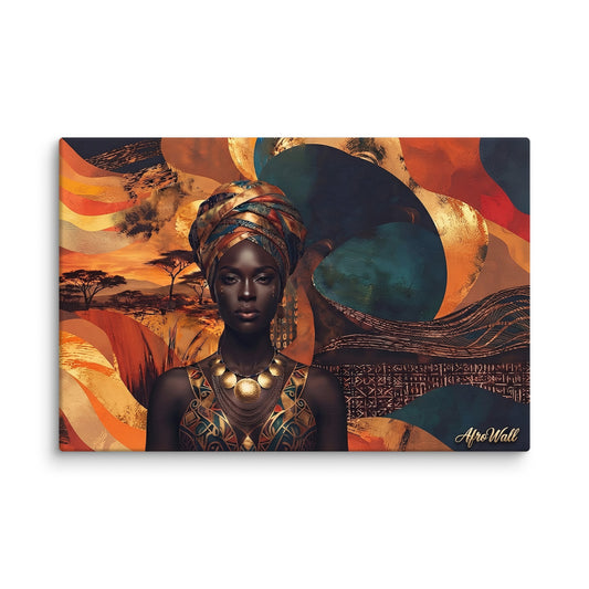Toile Majesté (portrait de femme au foulard doré) – accrochée au mur, format 20 × 30 cm